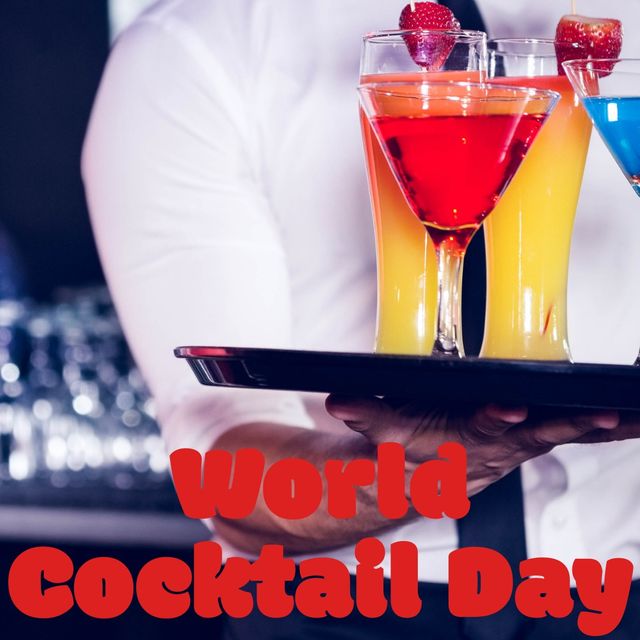 World cocktail day text banner against mid section of serving drinks at the bar. world cocktail day awareness concept