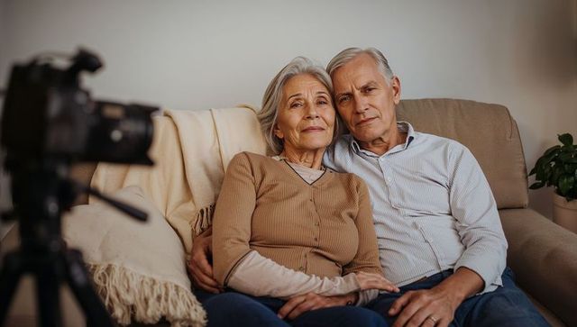 Senior couple recording memory vlog on sofa embracing warm comfort and timeless connection