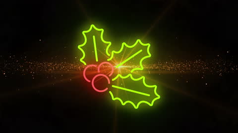 Glowing Neon Holly Leaves and Berries with Sparkling Lights