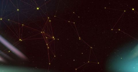 Galactic node network connecting glowing yellow constellations across maroon starfield