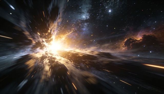 Radiant stellar explosion sending streaking debris through nebula, starfield cosmic burst