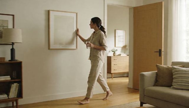 Walking barefoot in linen, adjusting framed art in light-filled neutral living room