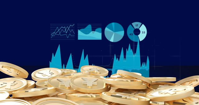 This image of yen coins overlayed with digital financial data and charts is ideal for use in materials focused on finance, economic studies, and global business discussions. It visually represents the concept of financial strategies and investments involving currency, particularly the Japanese yen. Suitable for presentations, articles, and educational content emerging in business sectors concerned with digital finance and economic growth.