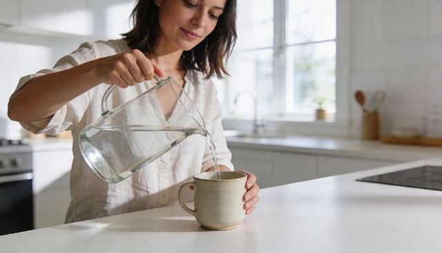 Woman pouring water from glass pitcher into mug in sunlit minimalist kitchen