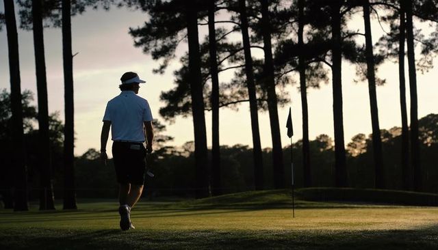 Walking golfer approaching flagstick at sunrise on pine putting green, backlit silhouette