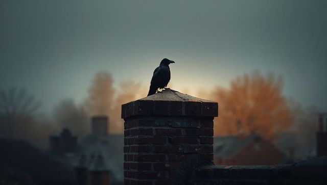 Black Crow Perched on Chimney Against Foggy Autumn Backdrop