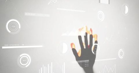 Reaching hand silhouette touching futuristic digital dashboard with data visualizations