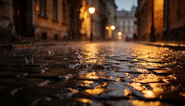 Rain splash on cobblestone alley at dusk with warm lamp reflections and moody amber glow