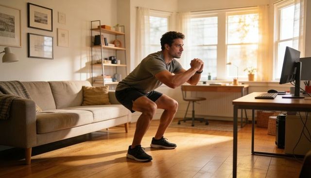 Man doing squats in sunlit living room office with fitness tracker and minimalist decor