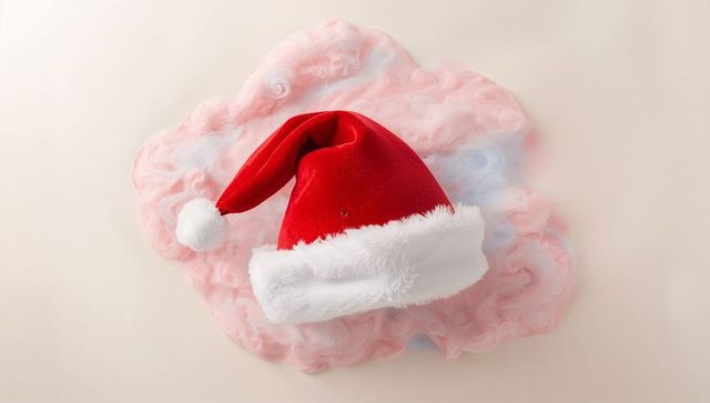 Red Santa Hat Resting on Pastel Pink and Blue Fluffy Cotton Candy Background