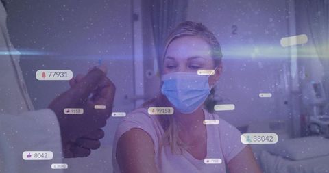 Masked woman receiving vaccination with augmented reality HUD overlays showing metrics