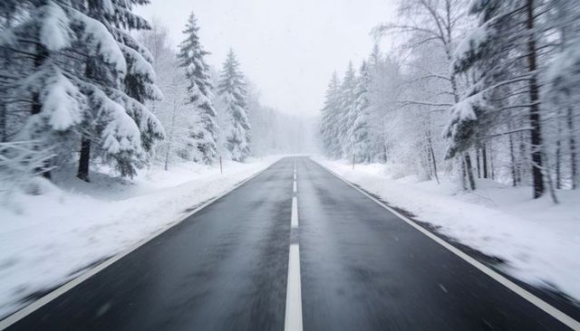 Wet winter highway vanishing into snowy evergreen forest during soft falling snow