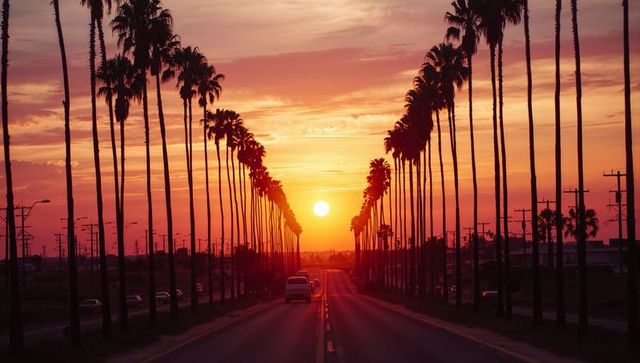 Sunset road journey between tall palm trees