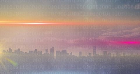Futuristic cityscape with binary code overlay at dusk