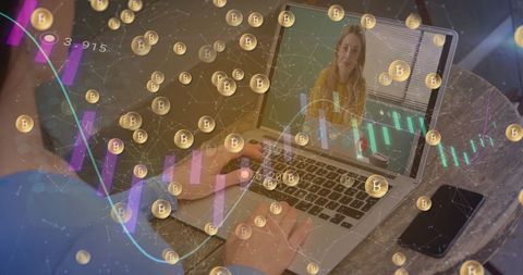 Woman in video call surrounded by bitcoin and digital analytics