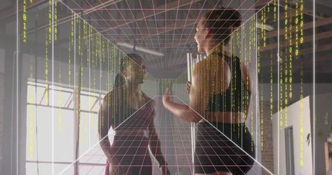 Pole Fitness Coaching in Industrial Loft with Digital Grid and Binary Code Overlay