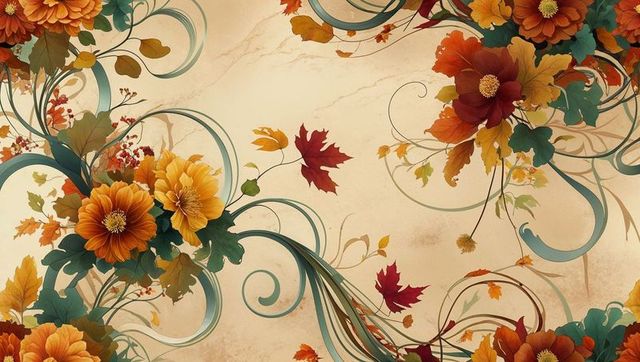Vintage Floral Pattern with Maple Leaves and Swirling Vines