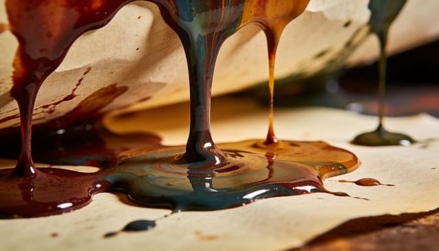 Dripping multicolor paint forming marbled glossy pools on cream paper close-up texture