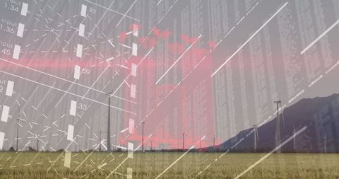 Wind turbines with digital data overlay depicting sustainable energy