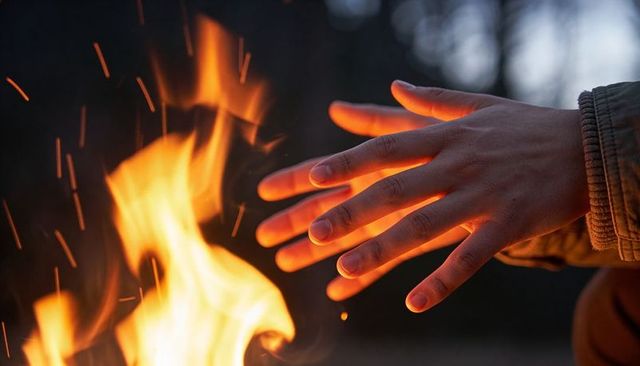 Adult hands warming over campfire flames at dusk with embers, sparks and orange glow