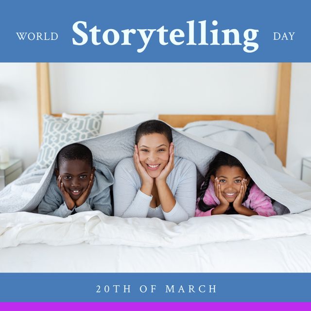 Image features a happy multiracial family with a mother and two children lying in bed with their hands on their cheeks, smiling. They appear cozy under a blanket, celebrating World Storytelling Day on the 20th of March. This image is great for promoting family bonding, storytelling events, multicultural diversity, and holiday celebrations. It can be used on social media, blogs, or websites related to parenting, education, or cultural events.