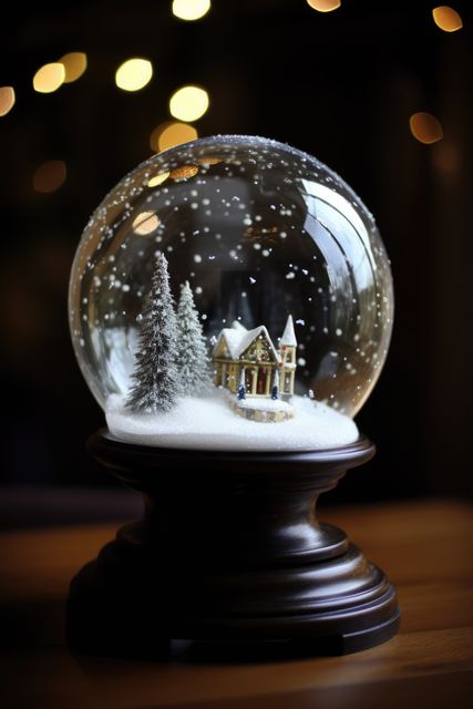 Magical Christmas snow globe featuring a miniature house and a pine tree surrounded by falling snow. Captivating light bokeh creates a warm holiday atmosphere. Perfect for holiday-themed designs, greeting cards, or seasonal advertisements celebrating the spirit of Christmas.