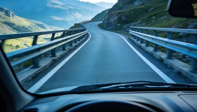 Driving winding alpine mountain pass through windshield with valley views and guardrails