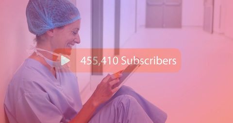 Medical Professional Engaging with Digital Interface Showing Subscriber Count