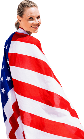 Athlete smiling wrapped in usa flag on transparent background
