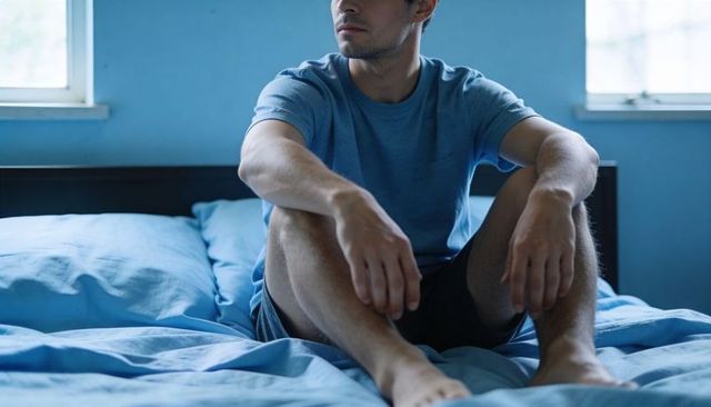 Young Man Sitting on Bed Gazing Thoughtfully in Minimal Blue Bedroom