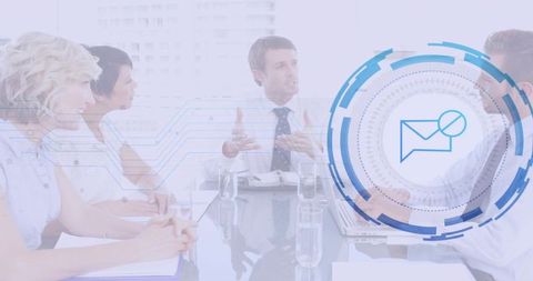 Business Team Collaborating with Digital Communication Concept Overlay