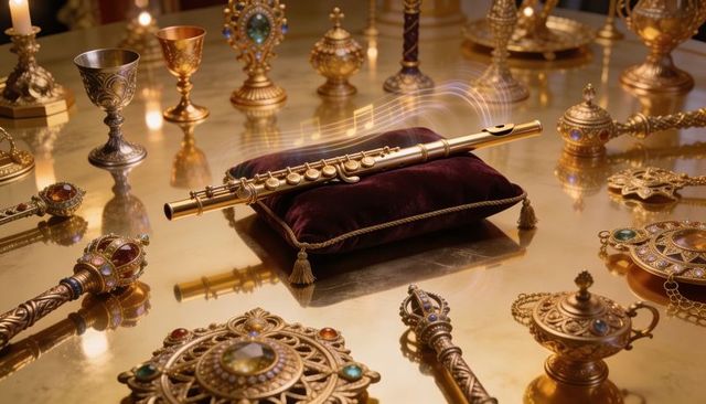 Gold transverse flute resting on velvet cushion surrounded by jeweled chalices and relics