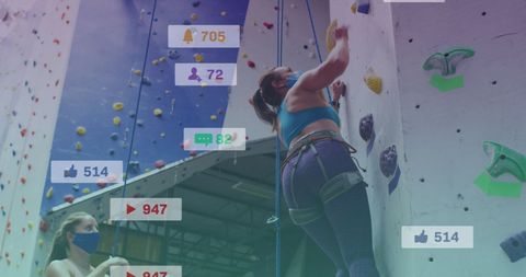 Caucasian Woman Climbing Indoor Wall With Social Media Icons Overlay