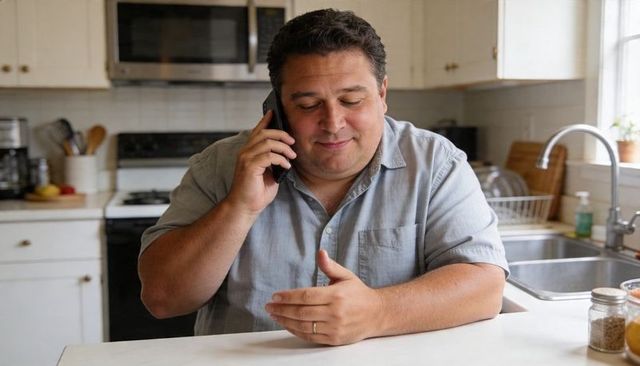 Man talking on phone at kitchen counter showing wedding ring, casual home conversation