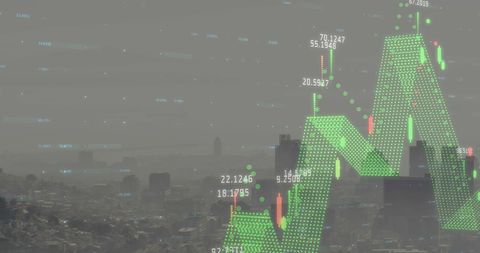 Financial data analytics with urban skyline backdrop