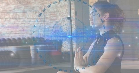 Mindful fitness with futuristic hud overlay showing meditation and strength balance