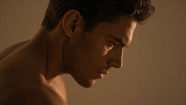 Gazing male model in warm side light, contemplative bare-chested profile showcasing jawline