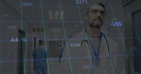 Male Doctor in Hospital with Digital Data Overlay