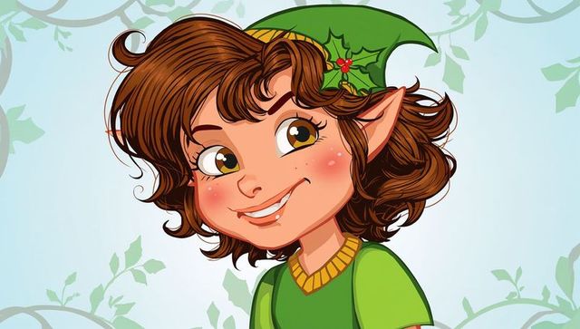 Smiling elf tilting head in green hat with holly cute cartoon portrait for holiday designs