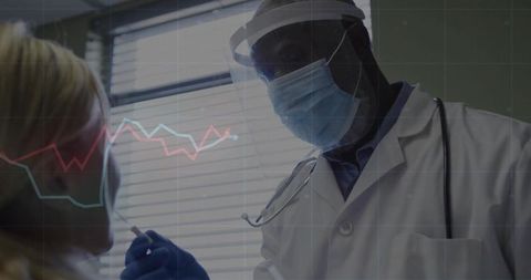 Doctor performing throat swab with graph overlay in healthcare clinic