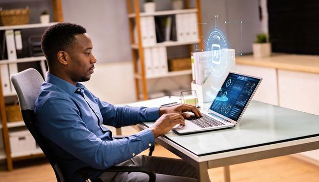Businessman analyzing ai dashboard on laptop with holographic data visualization
