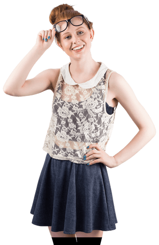 Smiling Red-Haired Woman with Trendy Transparent Glasses