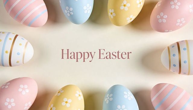 Pastel easter egg border framing centered happy easter text on minimalist cream background