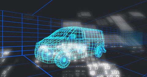 Futuristic holographic van wireframe rotating in virtual grid with glowing binary code