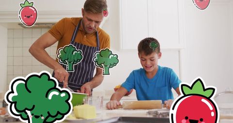 A cheerful father and son enjoy cooking together in a home kitchen, surrounded by smiling, cartoon vegetables. This playful and heartfelt scene exemplifies family bonding and can be used to promote healthy family lifestyles, cooking classes, or advertising kid-friendly culinary activities. The colorful cartoon elements add a fun, whimsical touch to the image.