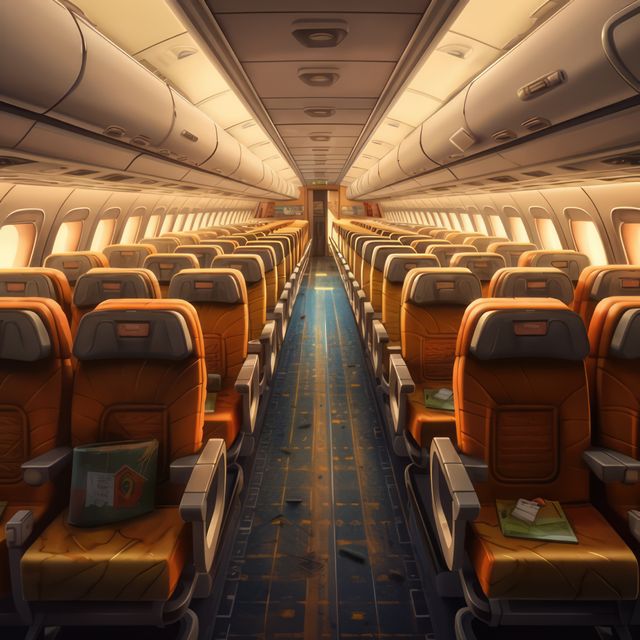 Depicts an empty airplane cabin showing rows of passenger seats under warm ambient lighting, best use for articles on travel, commercial aviation, airline services, or transport industry advertisements.