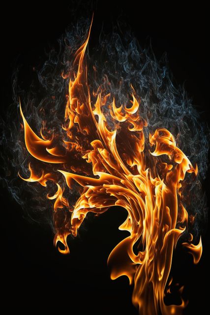 Detailed fire flames and smoke on black background, created using generative ai technology. Fire, heat, moke, pattern and colour concept digitally generated image.