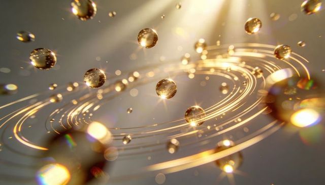 Glowing golden spheres orbiting luminous rings with sparkling bokeh and light trails