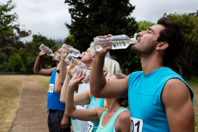Group of athletes hydrating during outdoor training in a park on a sunny day. Ideal for use in articles about fitness, hydration, outdoor activities, teamwork, and healthy lifestyles. Suitable for promoting sports events, health products, and active lifestyle campaigns.
