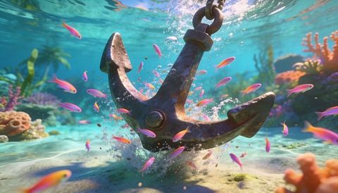 Rusted Anchor Resting on Shallow Coral Reef with Colorful Tropical Fish and Sunbeams